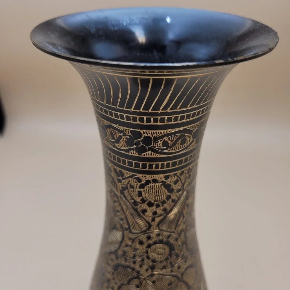 Vintage Etched Brass Peacock Vase Black Floral Engraved Metal Decor 9.5 Inch